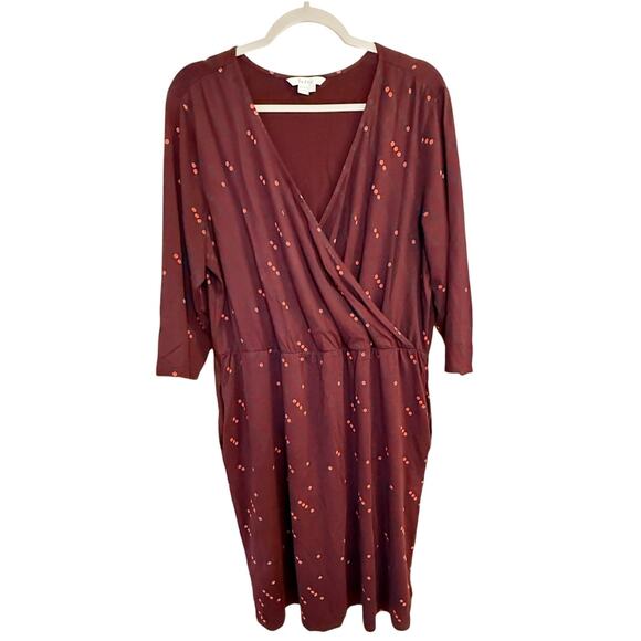 Boden Cressida Faux Wrap Dress 3/4 Sleeves Burgundy Polka Dot Print Size 14 LONG - Picture 2 of 6